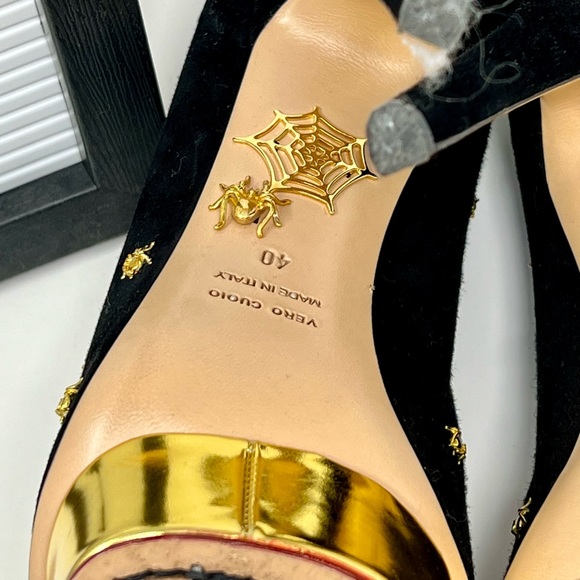 Our vintage Charlotte Olympia Dolly Spider-Studded Suede Platform Pumps. - Picture 11 of 11